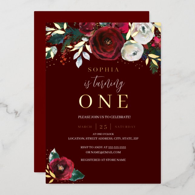 Red Christmas Floral Girl 1st Birthday Gold  Foil Invitation (Front/Back)