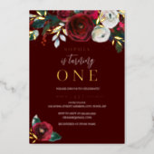 Red Christmas Floral Girl 1st Birthday Gold  Foil Invitation (Front)