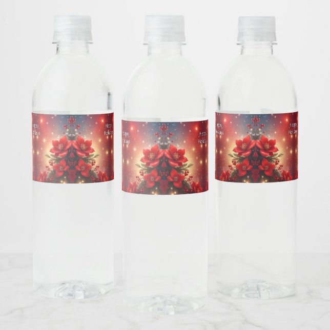 Red Christmas Floral Holiday Water Bottle Label (Bottles)