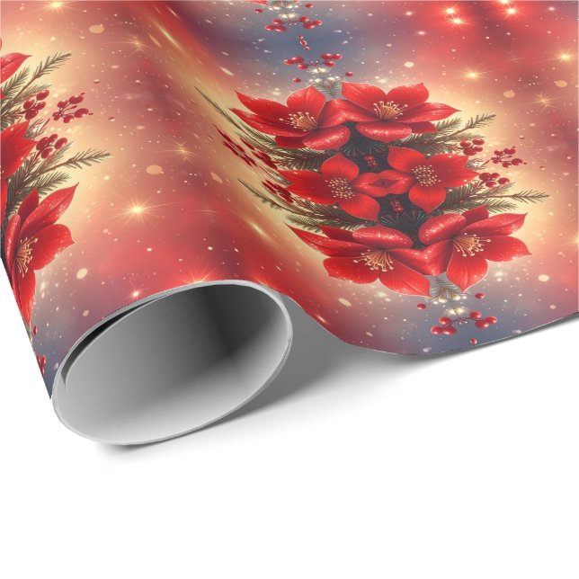 Red Christmas Floral Holiday Wrapping Paper (Roll Corner)