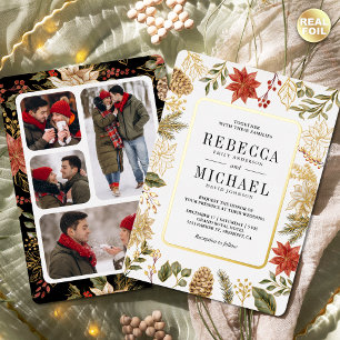 Red Christmas Floral Photo Collage Wedding Gold Foil Invitation