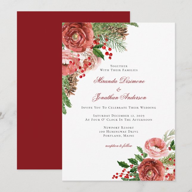 Red Christmas Floral Winter Wedding Invitation (Front/Back)