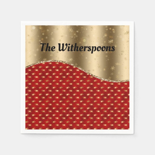 Red Christmas Floral with Gold Ribbon and Name Napkins (Front)