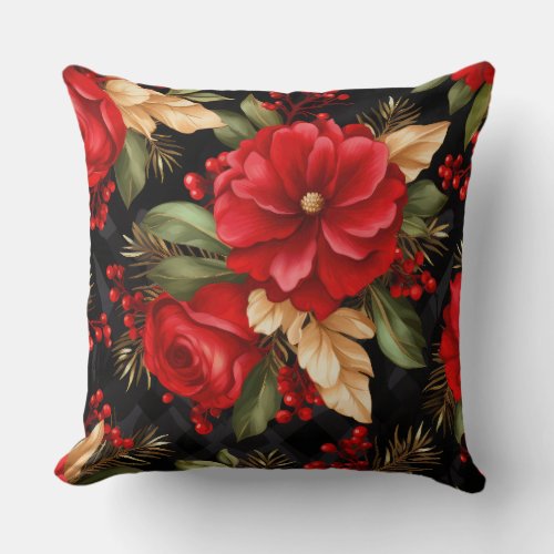 Red Christmas Florals Botanical Throw Pillow