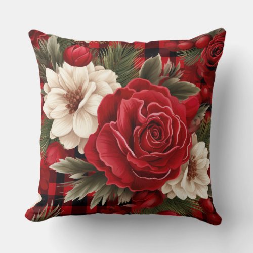 Red Christmas Florals Botanical Throw Pillow