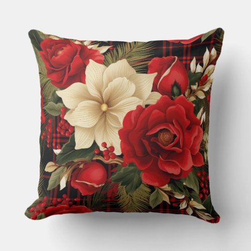 Red Christmas Florals Botanical Throw Pillow