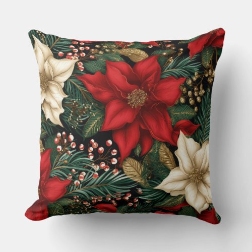 Red Christmas Florals Botanical Throw Pillow