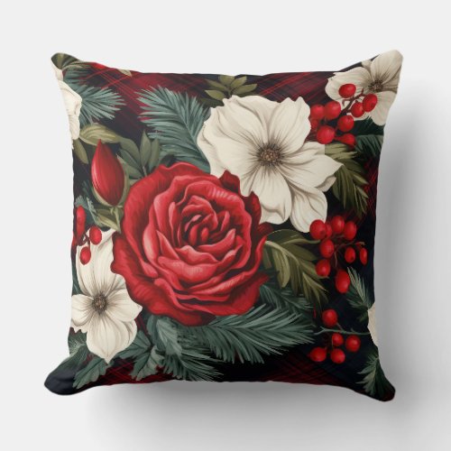 Red Christmas Florals Botanical Throw Pillow