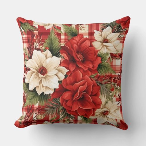 Red Christmas Florals Botanical Throw Pillow