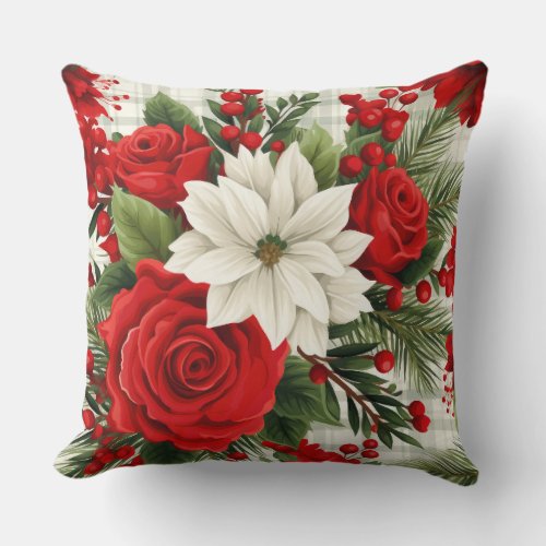 Red Christmas Florals Botanical Throw Pillow