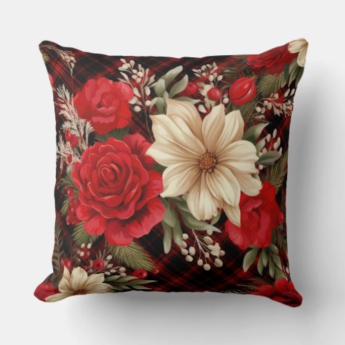 Red Christmas Florals Botanical Throw Pillow