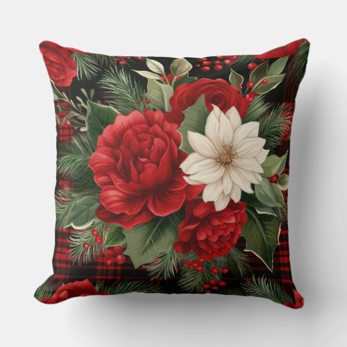 Red Christmas Florals Botanical Throw Pillow