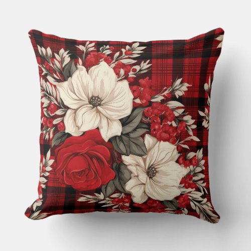 Red Christmas Florals Botanical Throw Pillow