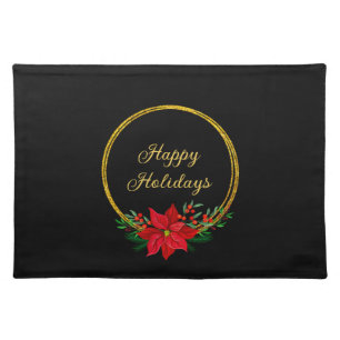 Red Christmas Flower and Golden Rings on Black Cloth Placemat