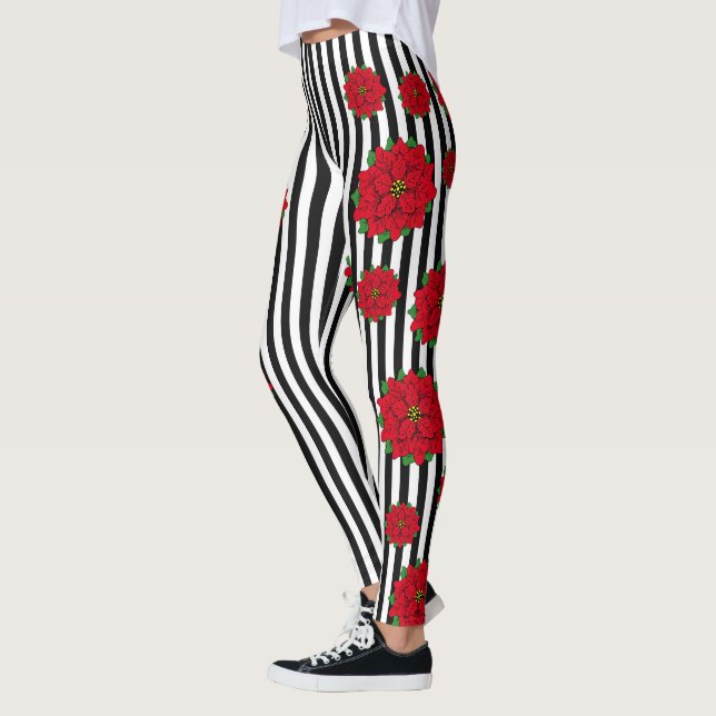 Red Christmas flower on black and white striped Leggings (Left)