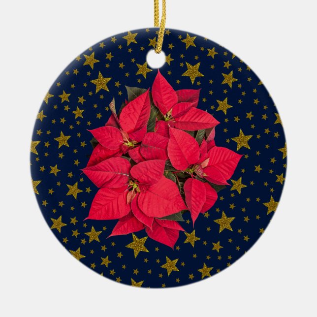 Red Christmas flower, sparkly gold stars on blue Ceramic Ornament (Front)