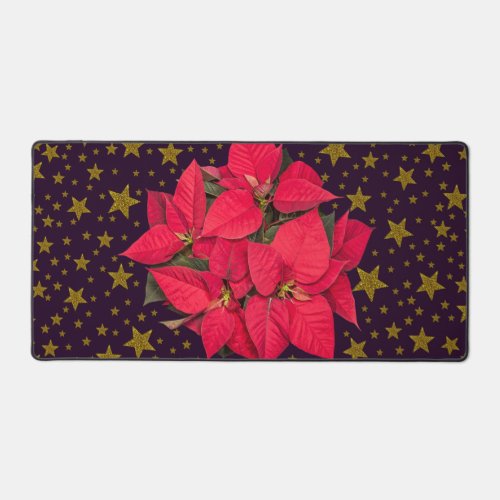 Red Christmas flower sparkly gold stars on Desk Mat