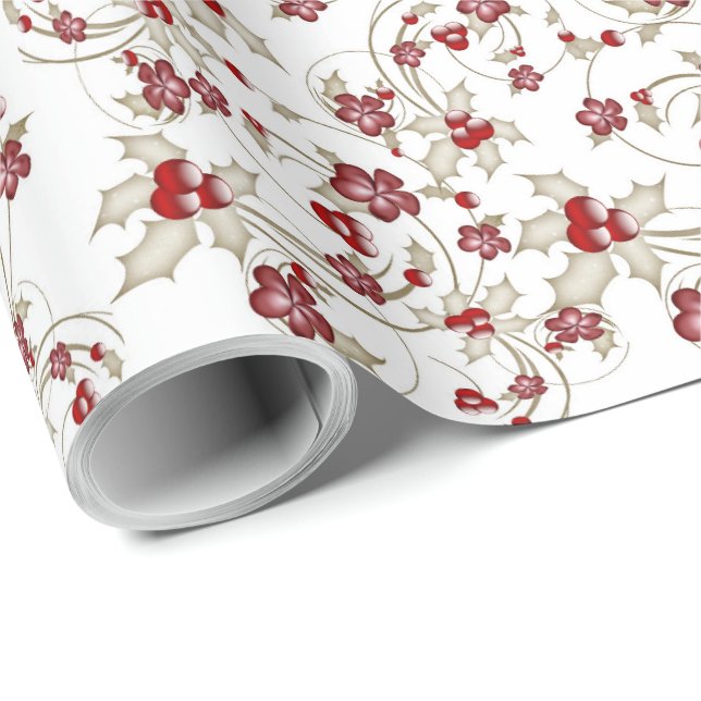 Red Christmas Flowers and Holly Berries Wrapping Paper (Roll Corner)