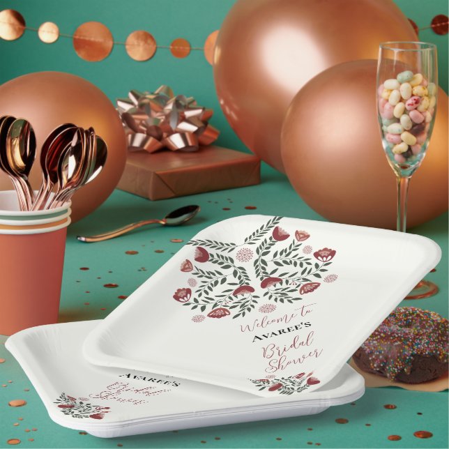 Red Christmas Folk Art Floral Paper Plates (Multi)