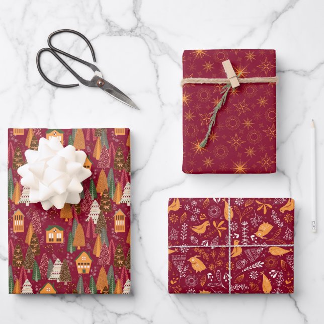 Red Christmas Forest Village Birds Snowflakes Wrapping Paper Sheets (Front)