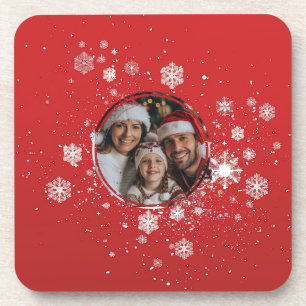Red Christmas Frame with Snow Flakes Beverage Coaster