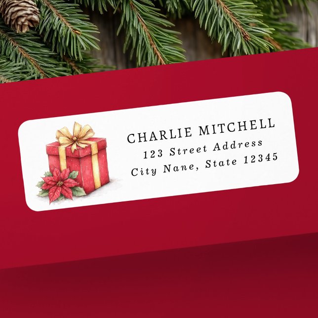 Red Christmas gift with poinsettia return address Label (Red Christmas gift with poinsettia return address Label)