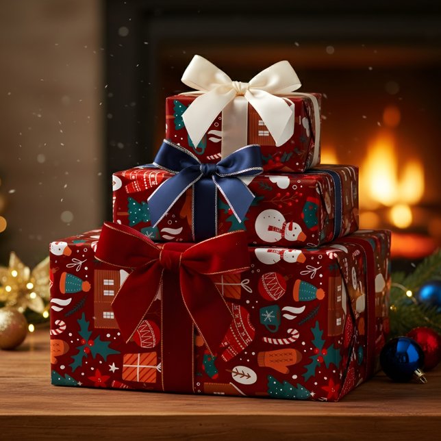 Red Christmas Gift Wrapping Paper with Festive Ico (Creator Uploaded)