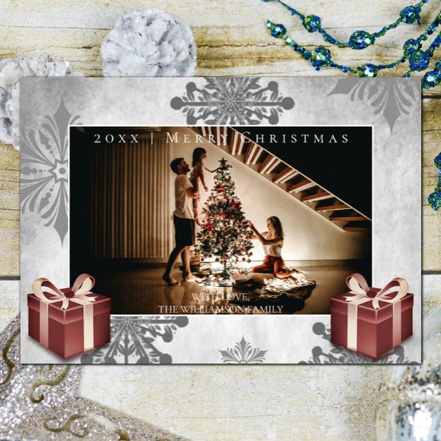Red Christmas Gifts and Snowflakes Photo Card (Red Christmas Gifts and Snowflakes Holiday Photo Card)