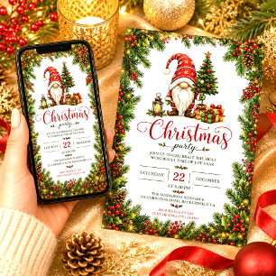 Red Christmas Gnome Holly Berries Tree Christmas Invitation