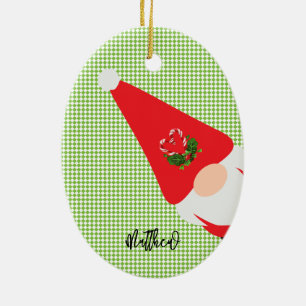 red christmas gnome NAME green check candy heart Ceramic Ornament