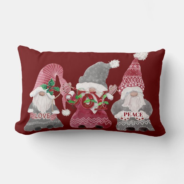Red Christmas Gnomes Love Joy Peace Typography Lumbar Pillow (Front)