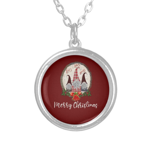 Red Christmas Gnomes Trendy Elves Silver Plated Necklace (Front)