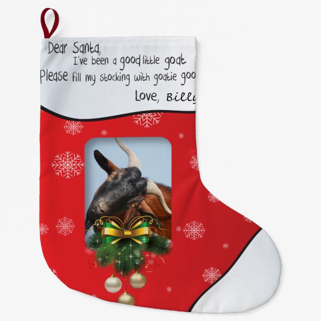 Red Christmas Goat ADD YOUR GOAT Photo Large Christmas Stocking (Front)