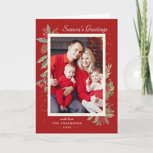 Red Christmas Gold Confetti Holly Berries Photo Holiday Card