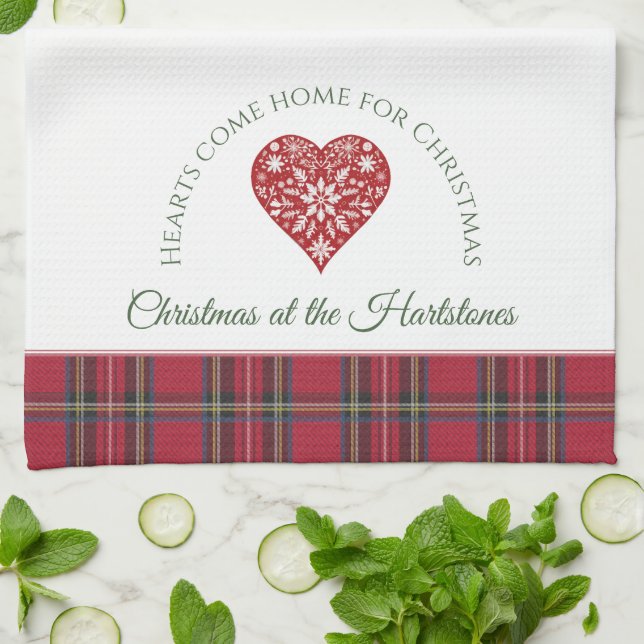 Red Christmas Heart Personalized Name Christmas Kitchen Towel (Folded)