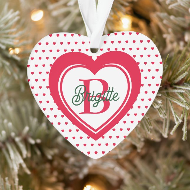 Red Christmas Hearts Monogrammed Custom Ornament (Tree)