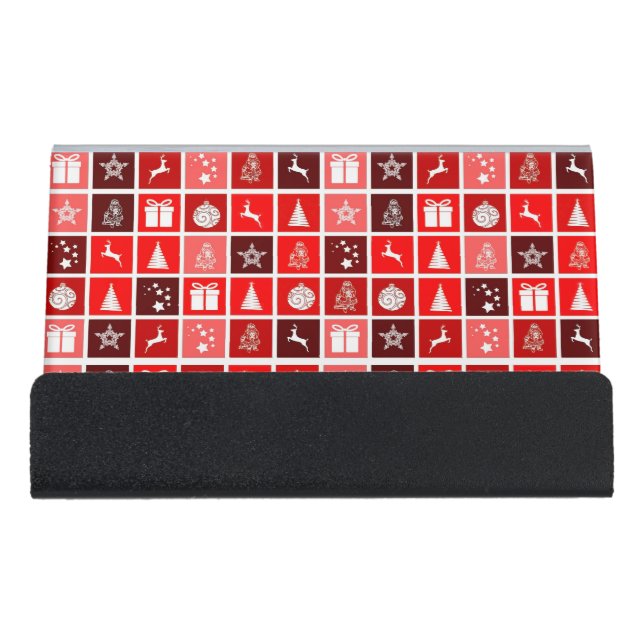 Red Christmas Holiday Cute Tree Reindeer  Desk Business Card Holder (Front)