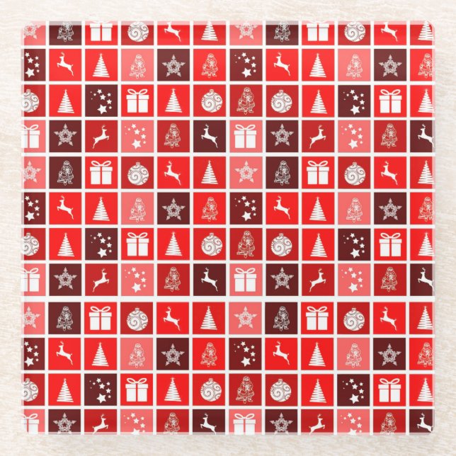 Red Christmas Holiday Cute Tree Reindeer  Glass Coaster (Front)