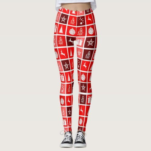 Red Christmas Holiday Cute Tree Reindeer  Leggings