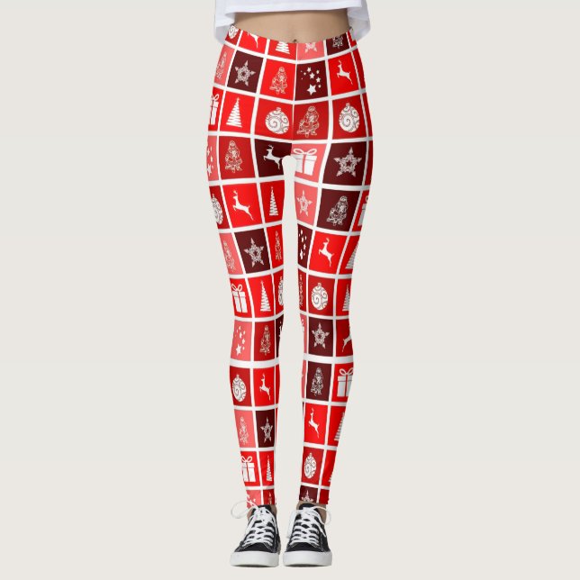 Red Christmas Holiday Cute Tree Reindeer  Leggings (Front)