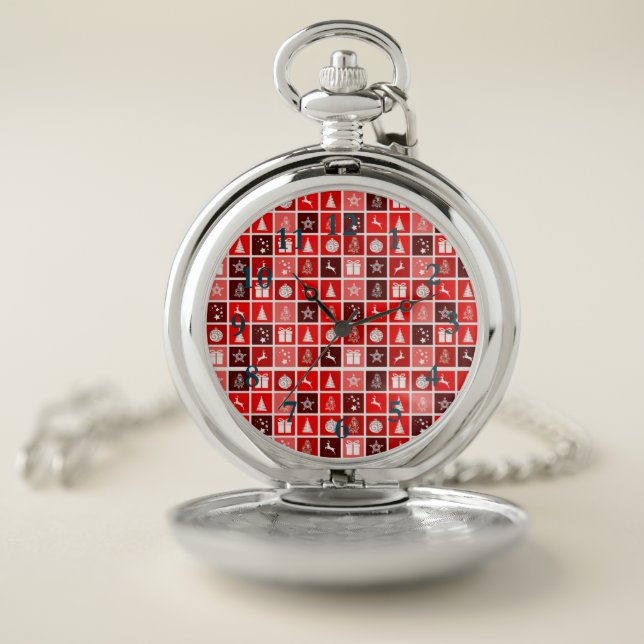 Red Christmas Holiday Cute Tree Reindeer  Pocket Watch (Inside)