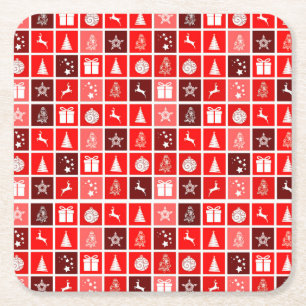 Red Christmas Holiday Cute Tree Reindeer Square Paper Coaster