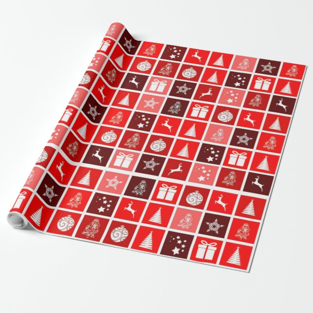 Red Christmas Holiday Cute Tree Reindeer  Wrapping Paper (Unrolled)