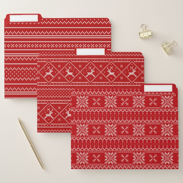 Red Christmas Holidays Festive Knitted Patterns File Folder (Set)