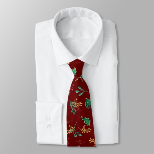 Red Christmas Holly Berry Foliage Gold Greenery Neck Tie