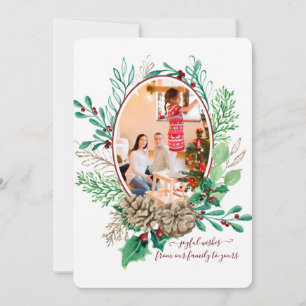 Red Christmas Holly Berry Pine Cone Wreath w Photo Holiday Card