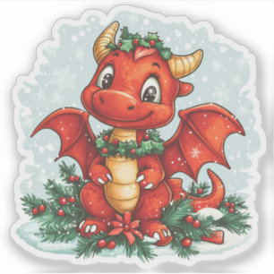 Red Christmas Holly Dragon Sticker