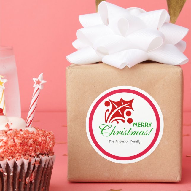 Red Christmas Holly Leaf Classic Round Sticker (Party)