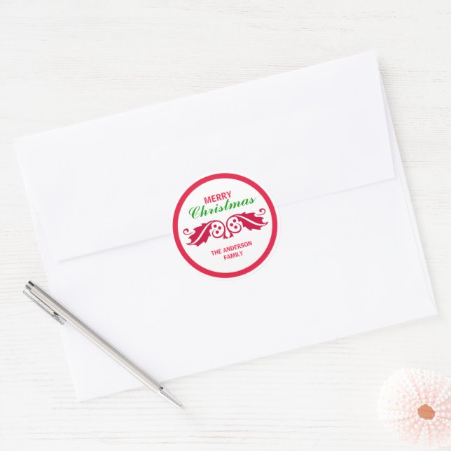 Red Christmas Holly Leaves Classic Round Sticker (Envelope)