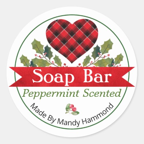 Red Christmas Holly Plaid Heart Soap Bar Labels
